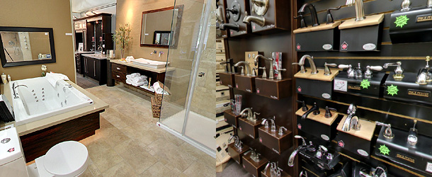 A view of our showroom with bathroom appliances and fixtures on display.